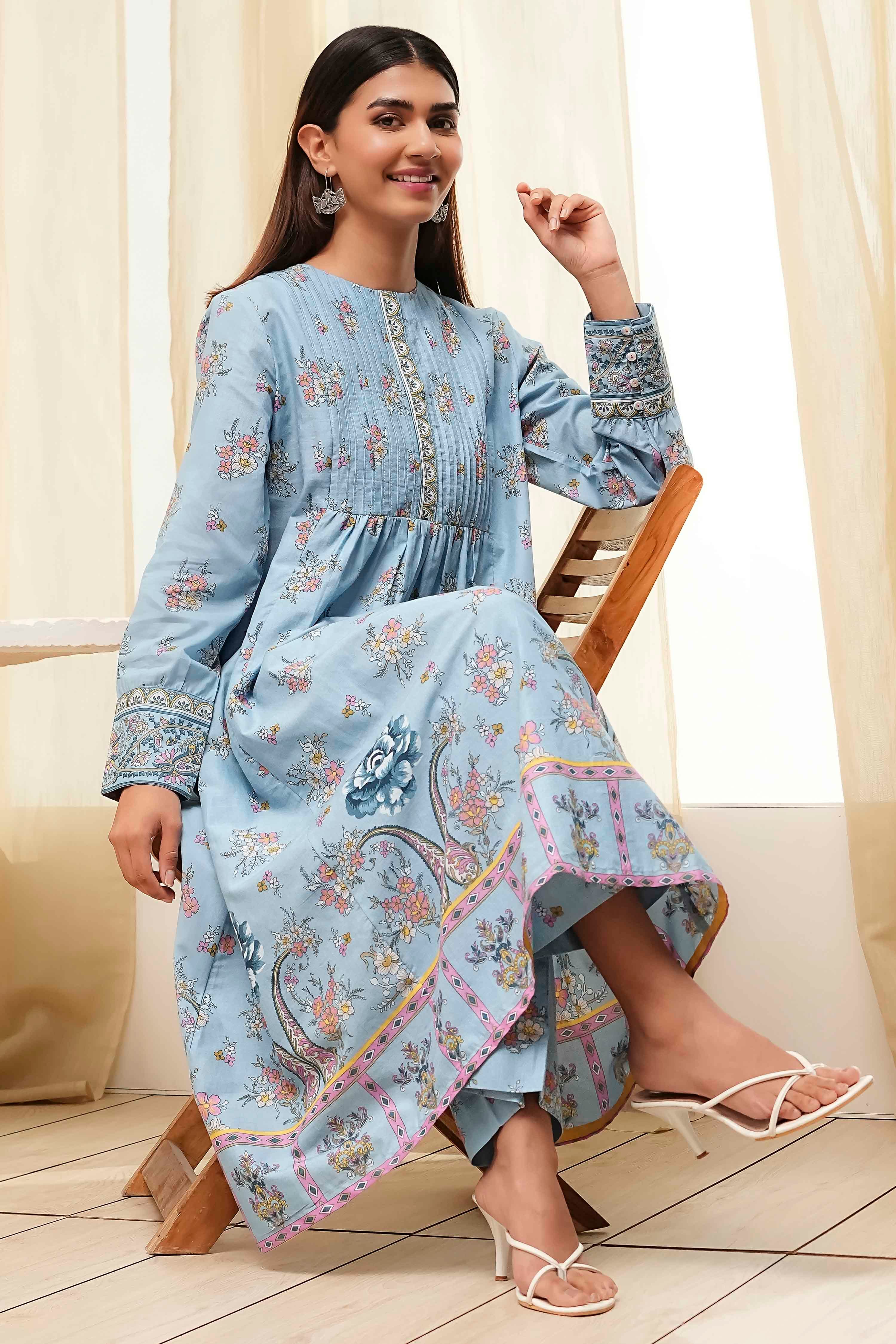 Dull Blue Cotton Flared Printed Kurta Set