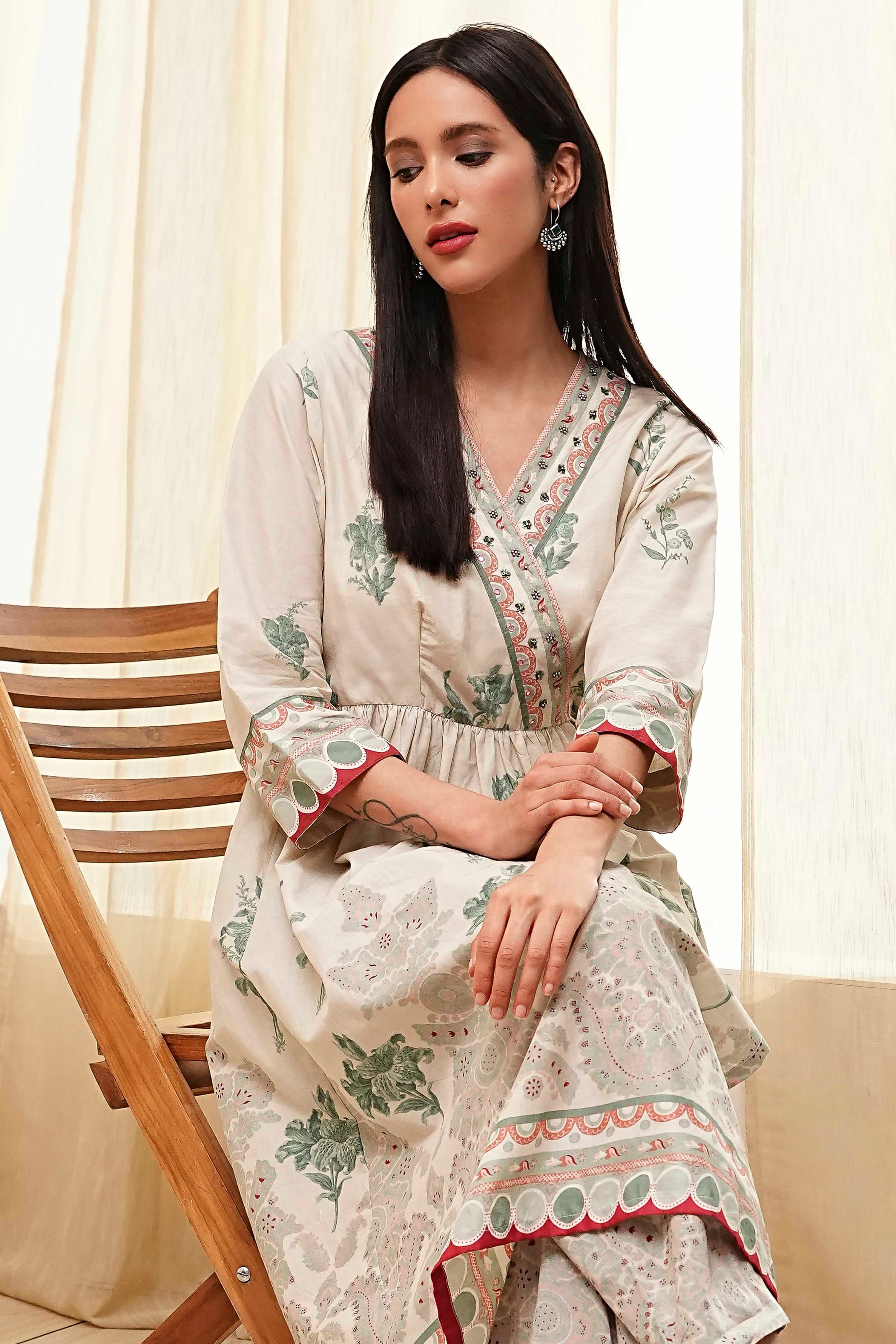 Beige and Green Cotton Angrakha Anarkali Kurta Set